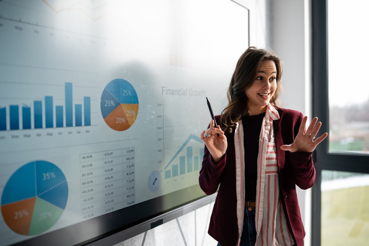 Woman presenting financial data and analytics charts on a large screen during a business meeting