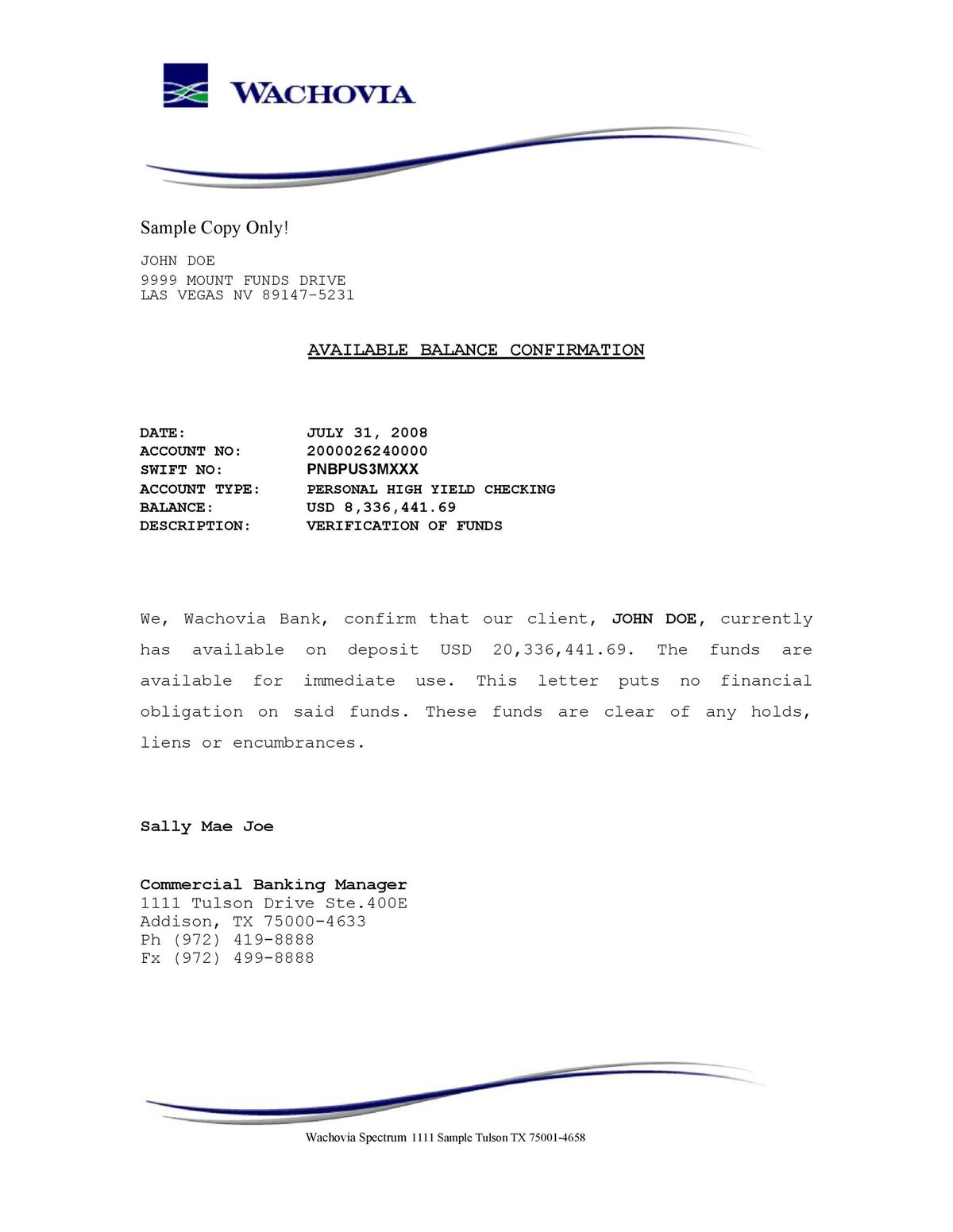 Sample bank available balance confirmation letter, used as a certified bank letter alternative to a voided check