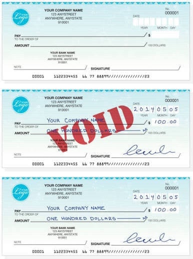 Three blank business checks with company branding, the middle check stamped with red VOID text and a signature
