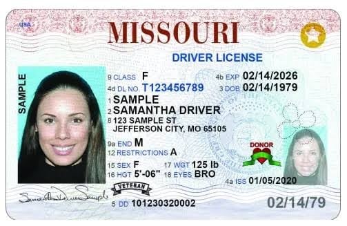 Sample Missouri driver license with photo identification, expiration date, and personal details