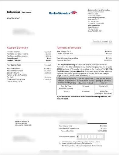 Bank of America credit card statement showing account summary, payment information, and transaction details
